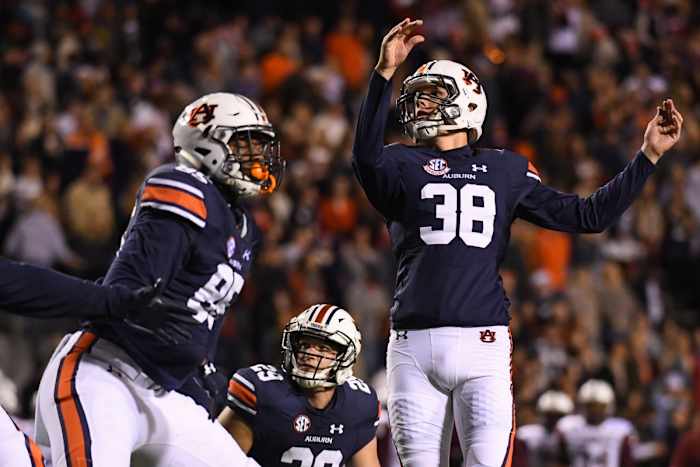 Nov 19, 2016; Auburn, AL, USA; Auburn Tigers place kicker Daniel Carlson (38) watches a point-after kick go through during the first quarter against the Alabama A&M Bulldogs at Jordan Hare Stadium. Mandatory Credit: Shanna Lockwood-USA TODAY Sports